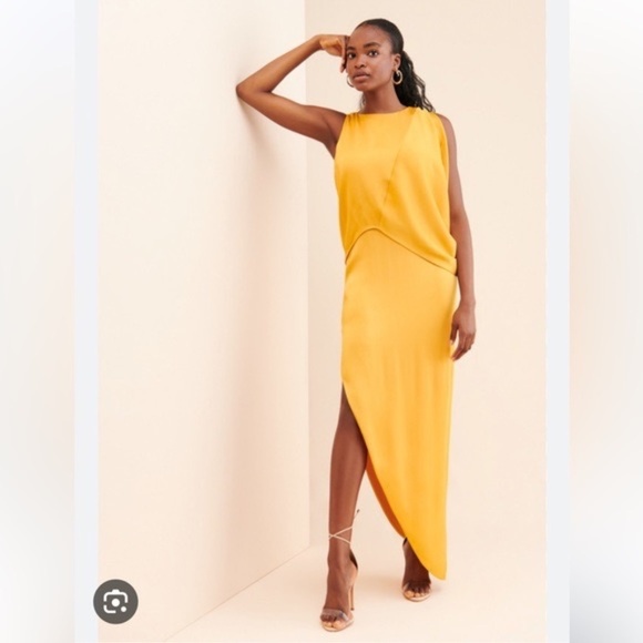 Halston dramatic drape gown Asymmetrical Maxi Dress yellow gold 31728 - Picture 1 of 16